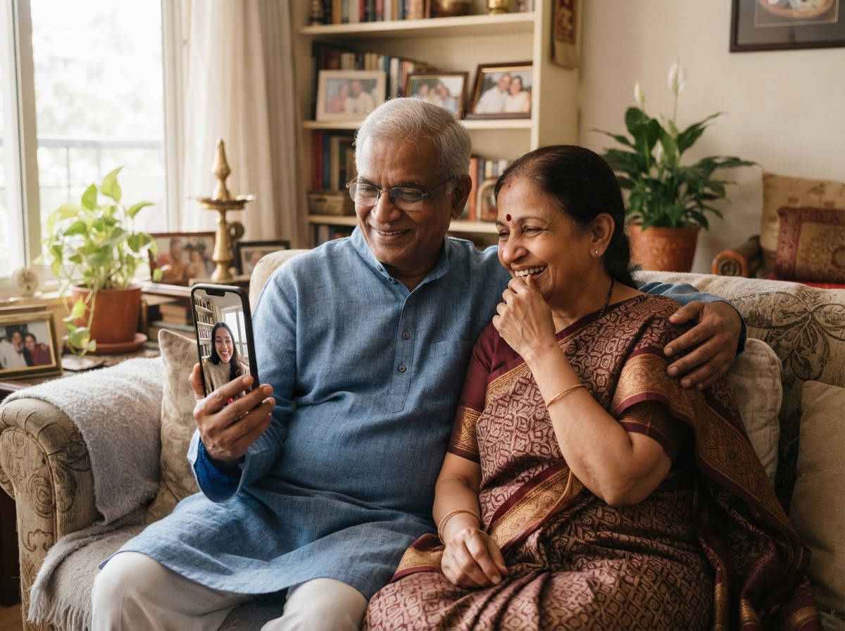 Indian elderly parents smiling while on video call with daughter